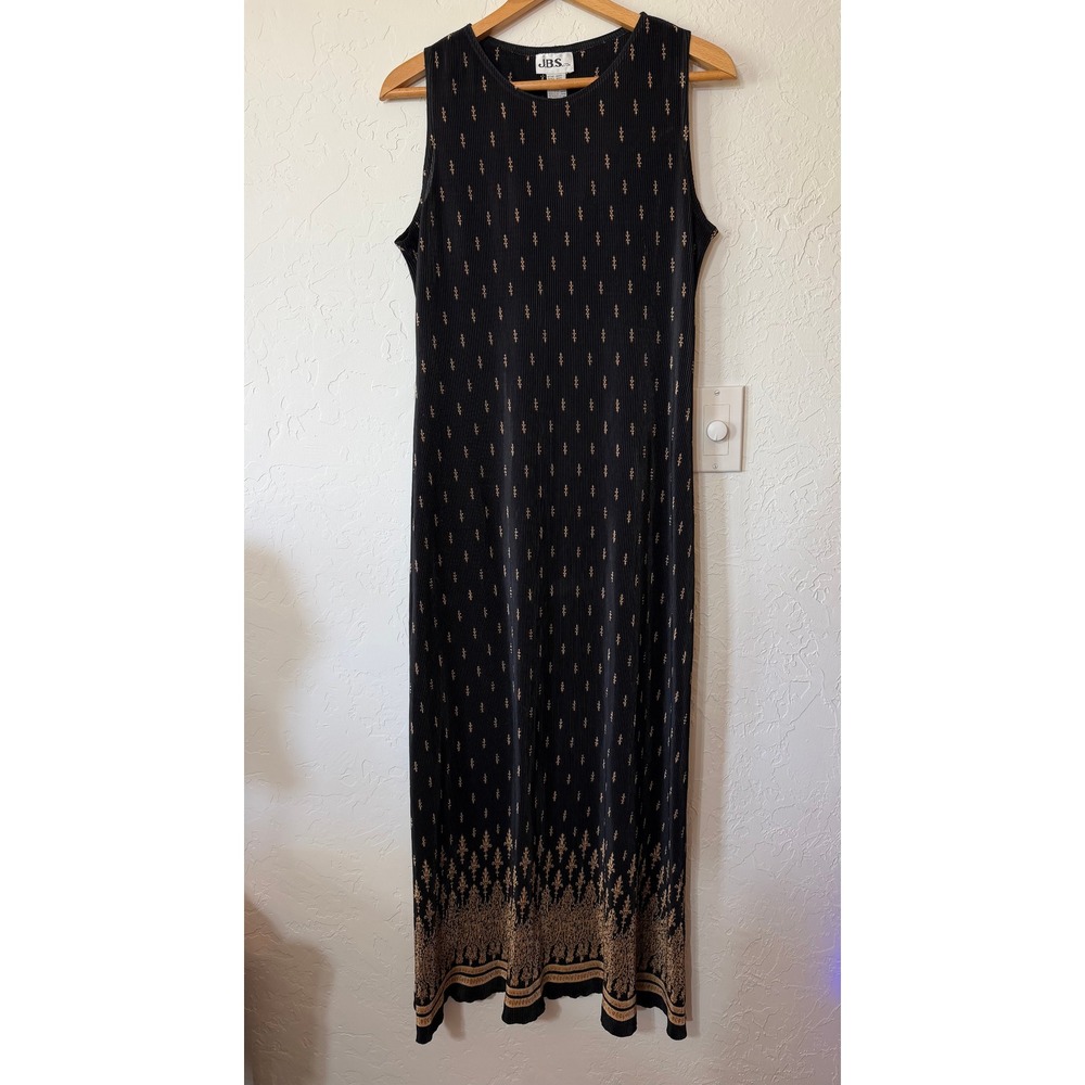 Vintage J.B.S. Ltd Black Gold Plissé Micropleat Border Hem Maxi Dress Sz 12 JBS